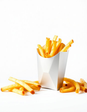 French fries in paper box on white background. Fast food concept.