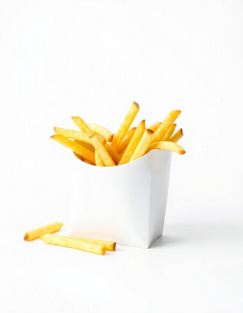 French fries in a white box on a white background. Fast food.