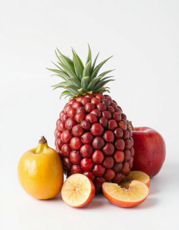 Pineapple, pineapple and pomegranate on white backgroundの写真素材