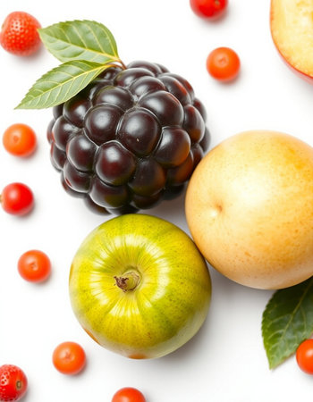 Composition with different fruits and berries on white background, top view