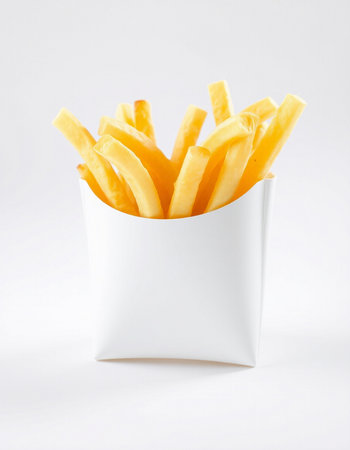 Golden French fries in a white box on a white background, isolated
