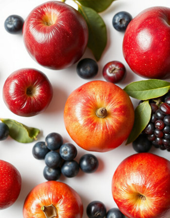 Red apples, blueberries and blackberries on a white background.の写真素材