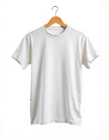 white t-shirt on a hanger isolated on a white backgroundの写真素材
