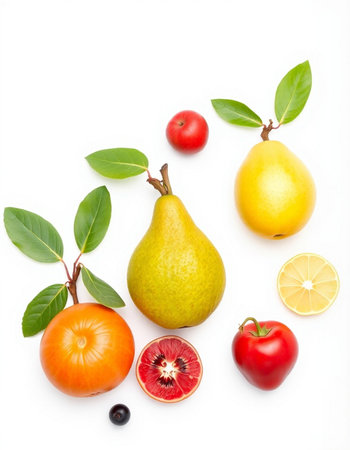Fruits and vegetables isolated on white background. Healthy food concept.の写真素材
