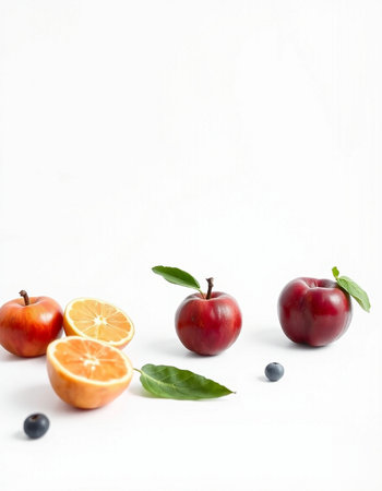 Red apples, oranges and blueberries on a white background with copy spaceの写真素材