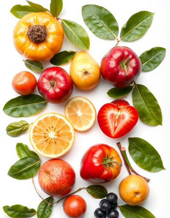 Fruits and vegetables isolated on a white background. Top view.
