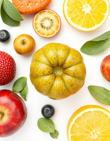 Fruits and vegetables isolated on white background. Flat lay, top viewの写真素材