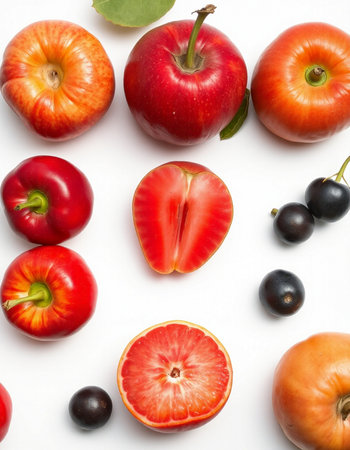 Fruits and vegetables on a white background. Flat lay, top viewの写真素材
