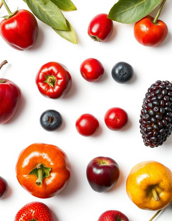 Fruits and berries isolated on white background. Flat lay, top viewの写真素材