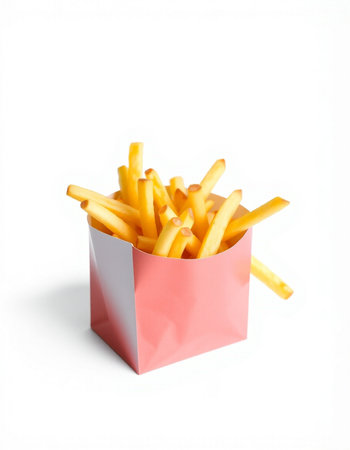 French fries in paper box isolated on white background, clipping path includedの写真素材