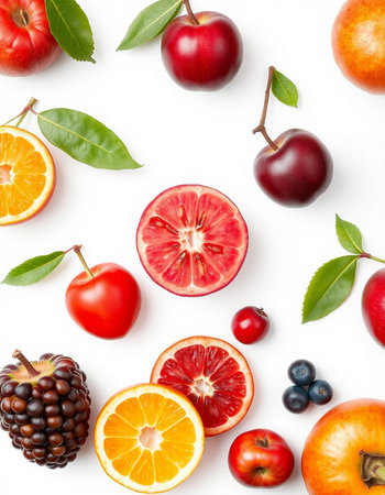 Fruits and berries isolated on white background. Flat lay, top viewの写真素材