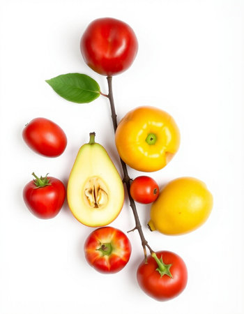 Tomatoes and pears isolated on white background, top viewの写真素材