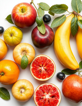 Fruits and vegetables on a white background. View from above.の写真素材