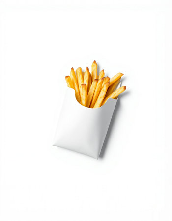 French fries in a white paper box isolated on a white background.の写真素材