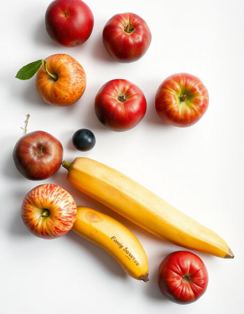 Fruits on a white background. Banana, apple, blueberry, plumの写真素材