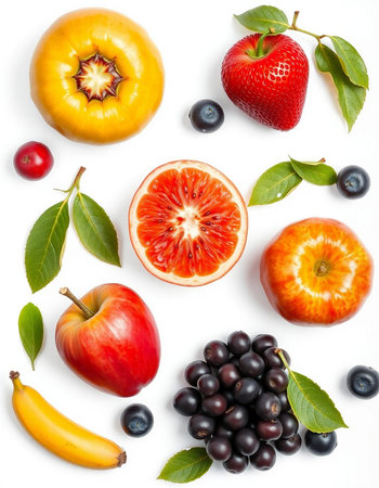 collection of fresh fruits isolated on white background. top view. Flat layの写真素材