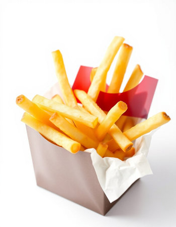French fries in paper box isolated on white background. Selective focus.