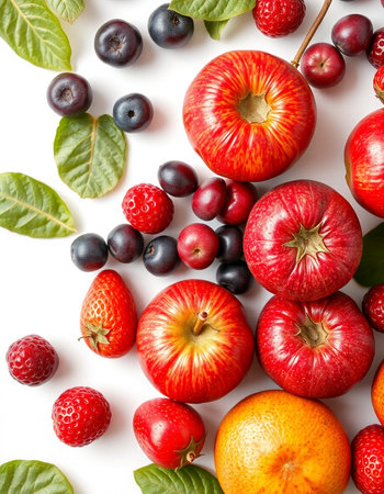 Fruits and berries on a white background. Flat lay, top viewの写真素材