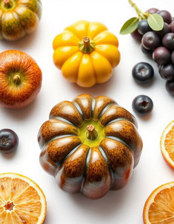 Autumn composition with pumpkins, berries and fruits on white backgroundの写真素材