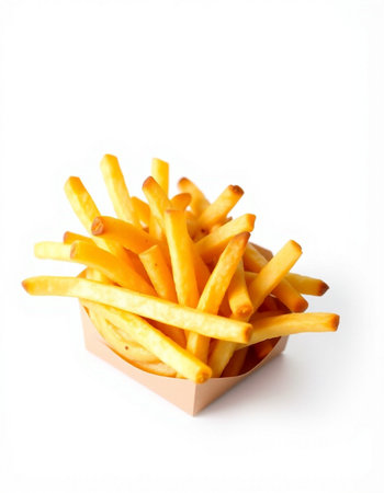 French fries in a box on a white background. Selective focus.