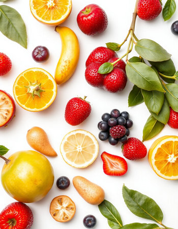 Fruits and berries on white background. Flat lay, top viewの写真素材