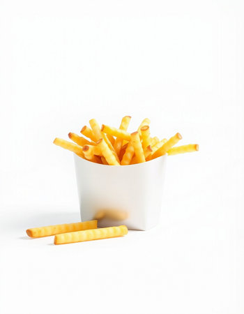 French fries in a white cup on a white background, isolated.の写真素材