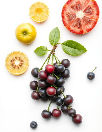 Fruits of cherry, lemon and apple on a white background.の写真素材