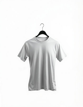 White t-shirt on a hanger isolated on a white backgroundの写真素材