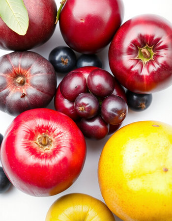 Fruits isolated on a white background. Cherry, apple, plum, grape.