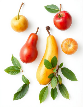 Fruits with leaves isolated on white background. Flat lay, top view