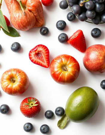 Fruits and berries on a white background. Flat lay, top viewの写真素材