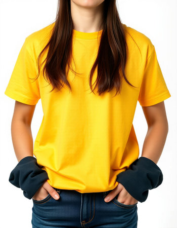 Young woman in yellow t-shirt isolated on a white background.の写真素材