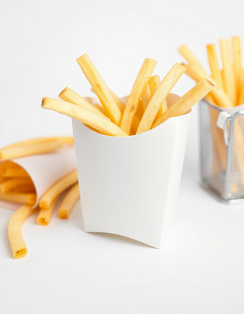 French fries in a paper cup on a white background. Selective focus.の写真素材