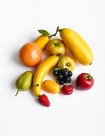 Fresh fruits on white background. Healthy food concept. Top view.の写真素材