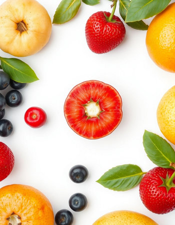 Fruits and berries isolated on white background. Top view. Flat lay pattern