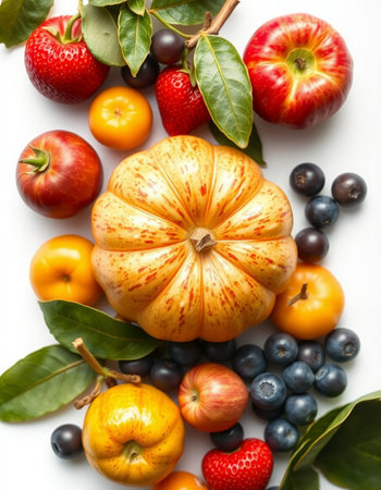 Fruits and vegetables on a white background. Flat lay, top viewの写真素材