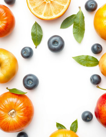 Flat lay composition with fruits and vegetables on white background, top view