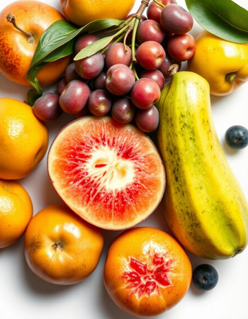 Fruits on a white background. Healthy food concept. Top view.の写真素材