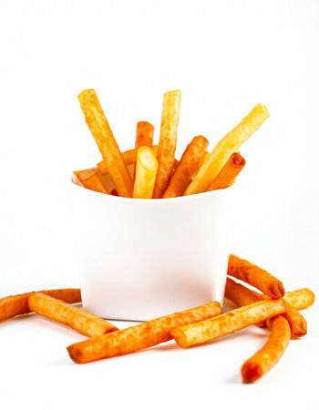 French fries in a paper cup on a white background. Selective focus.