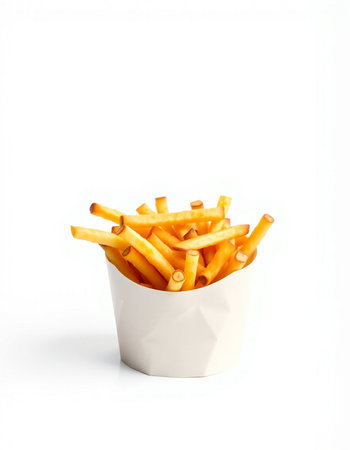 French fries in a white box on a white background. Isolated
