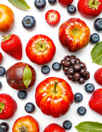 Fresh fruits and berries isolated on white background. Top view. Flat lay pattern