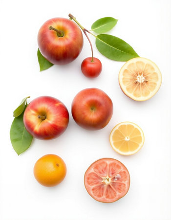Flat lay composition with different fruits isolated on white background. Top view.の写真素材