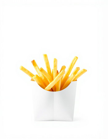 French fries in a white paper box isolated on a white background.