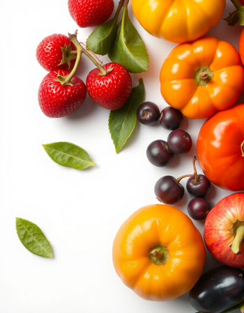 Fresh fruits and vegetables on white background, top view. Healthy foodの写真素材