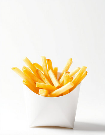 French fries in a white box on a white background, fast food