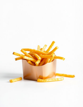 Golden French fries in a box on a white background. Fast food.