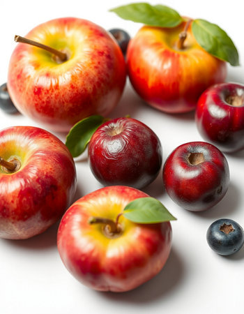 Red apples and blueberries with leaves on a white background, closeupの写真素材