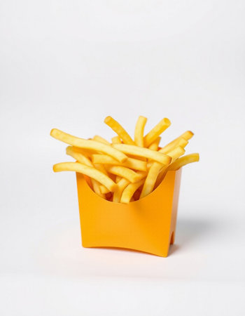 Golden French fries in a yellow paper box on a white background.の写真素材