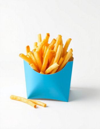 French fries in a blue box on a white background. Fast food.