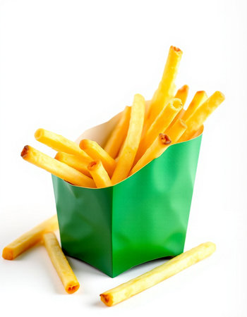 French fries in a green box on a white background. Isolatedの写真素材